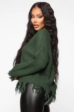Fashion Nova Always Distressing Me Out Sweater - Green