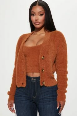 Fashion Nova Can't Stop Love Fuzzy Sweater Set - Chestnut