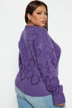 Fashion Nova Happy Flowers Crewneck Sweater - Purple Pullovers