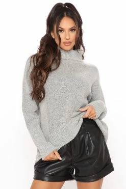 Fashion Nova Just Roll With It Babe Turtleneck Sweater - Heather Grey