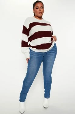 Fashion Nova Autumn Dreams Striped Sweater - Burgundy/combo Pullovers