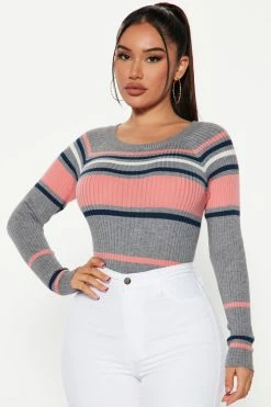 Fashion Nova Stripes For Days Sweater - Heather Grey Pullovers