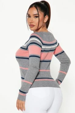 Fashion Nova Stripes For Days Sweater - Heather Grey Pullovers
