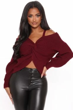 Fashion Nova Fall Fave Twist Sweater - Burgundy Pullovers