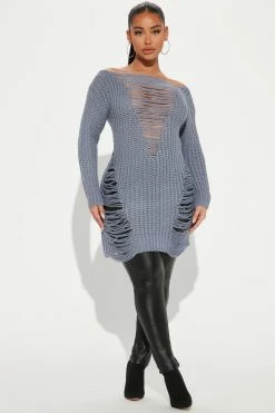 Fashion Nova Pullovers Loosen Up Distressed Sweater - Dusty Blue