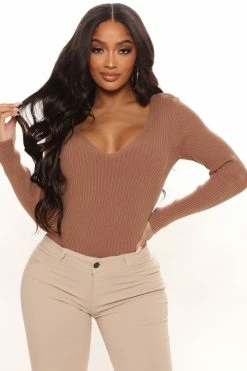 Fashion Nova Francince Ribbed Sweater Top - Brown Pullovers