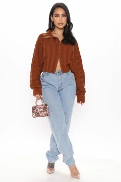 Fashion Nova Cozy Girl Zip Front Cardigan Sweater - Chestnut Cardigans