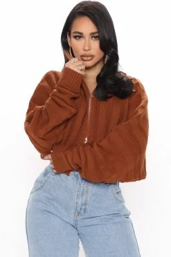 Fashion Nova Cozy Girl Zip Front Cardigan Sweater - Chestnut Cardigans