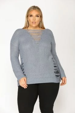 Fashion Nova Pullovers Loosen Up Distressed Sweater - Dusty Blue