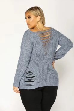 Fashion Nova Pullovers Loosen Up Distressed Sweater - Dusty Blue