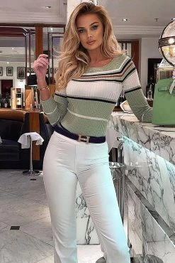 Fashion Nova Stripes For Days Sweater - Sage/combo Pullovers